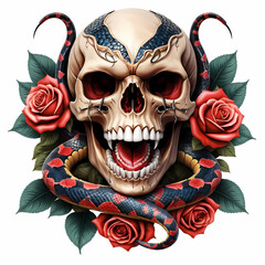 Obraz premium 3D Ai Digital illustration art tattoo logo design with Skull, Cobra snake, vibrant, roses, thorns, horns, digital art, danger, scary, horror, t-shirt, stickers, vintage, Isolated on white background 