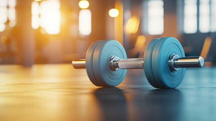 Exercise Technology Concepts Health Research. A close-up of a blue dumbbell on a gym floor, illuminated by warm sunlight, symbolizing fitness and strength training.