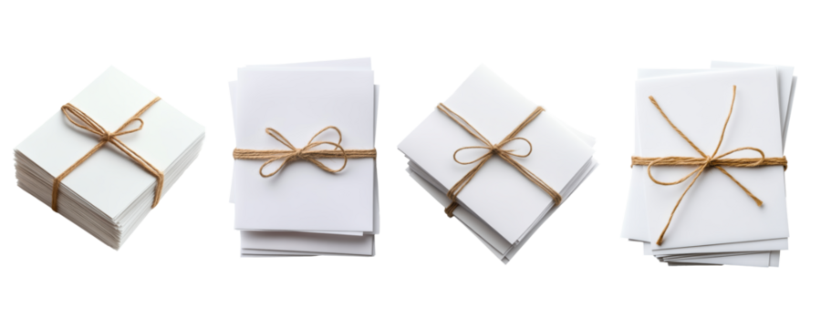 Bundles of white paper tied with string, arranged neatly in varying sizes.