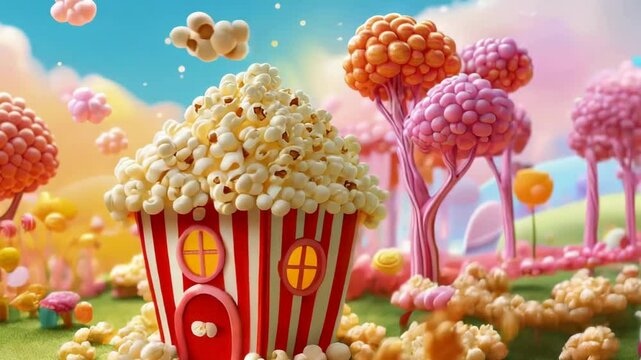Charming popcorn house materializing piece by piece in a whimsical candy land. This captivating animation is perfect for projects related to food, fantasy, and childhood dreams