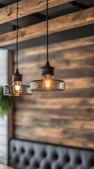 Obraz premium Two pendant lights illuminate a cozy interior with wooden walls and a plush seating area.