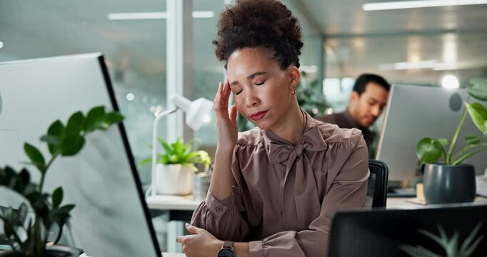Business, woman and headache pain by computer in office with corporate burnout, audit stress and overworked. Accountant, employee and migraine at desk with exhaustion, deadline pressure and brain fog