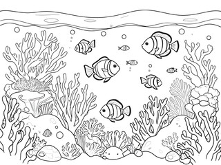 Underwater Ocean Scene: Coloring Page of Clownfish and Coral Reef