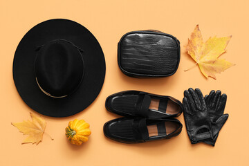 Stylish female bag with hat, shoes, leather gloves and autumn decor on orange background