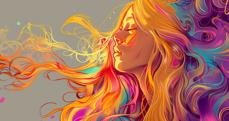 A captivating portrait of a young woman with flowing hair, her head surrounded by abstract colored flames. She poses thoughtfully, creating a dramatic and artistic scene