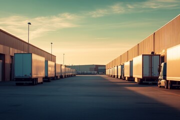 A row of trucks stands parked in front of a modern warehouse, preparing for cargo loading at a commercial factory