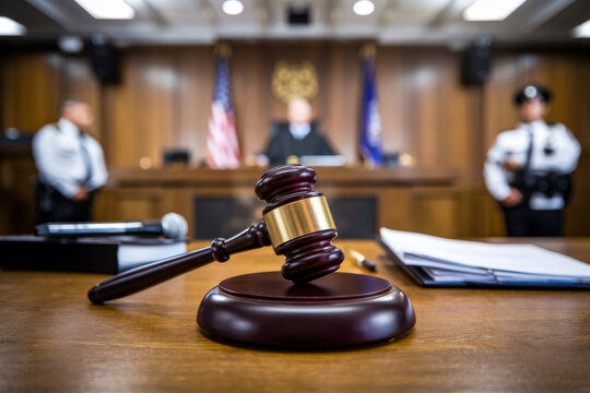 Wooden judge’s gavel on a courtroom desk surrounded by legal books and documents, symbolizing authority and justice. - Powered by Adobe