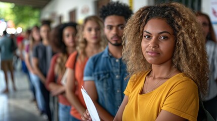 Obraz premium Students standing in line at college campus corridor on a busy day