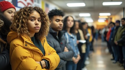 Diverse group of young people standing in hallway with serious expressions, dressed in winter jackets, emphasizing youth identity and community unity