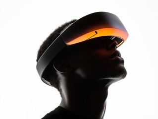 Futuristic virtual reality headset on contemplative individual against minimalist white background