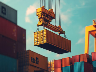 Crane hoists a large cargo container at the port, facilitating the loading process for shipping vessels during busy logistics operations