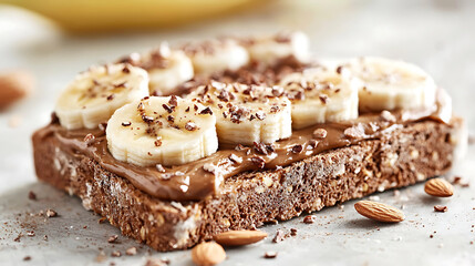 Delicious whole grain bread topped with almond butter, banana slices, and chocolate. perfect healthy snack for any time of day!