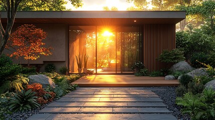 Modern wooden sliding door with horizontal glass panels captured from a low angle with sunset light streaming through creating a serene and inviting entrance