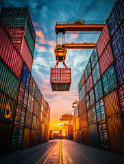 Crane loading cargo containers onto a freight ship at the port as the sun sets, creating a colorful and dynamic industrial environment