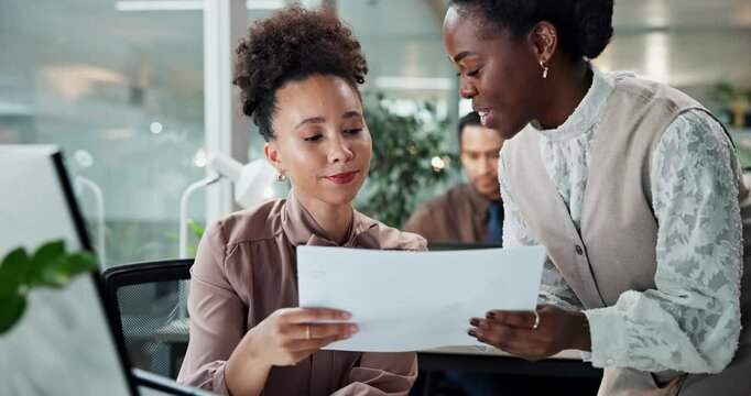 Business, documents and women with discussion on tablet for financial statement review and budget report analysis. Finance advisor, intern and feedback on revenue proposal with project comparison