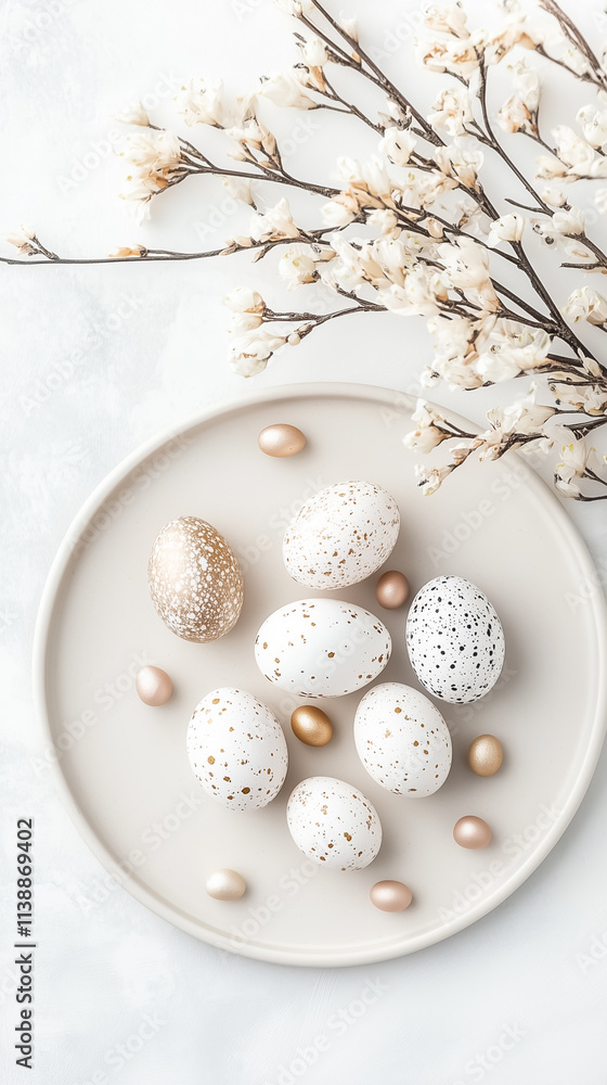 Poster colorful speckled eggs and elegant golden accents create a charming spring display with soft blooms 