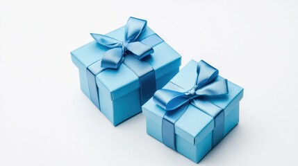 Two Elegant Light Blue Gift Boxes with Ribbons on White Background