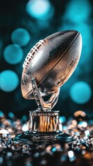 A trophy shaped like an American football, symbolizing the Super Bowl, championship, and intense competition, capturing the spirit of victory and athletic achievement