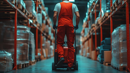 Obraz premium Efficient warehouse worker using pallet jack to transport goods in busy storage area