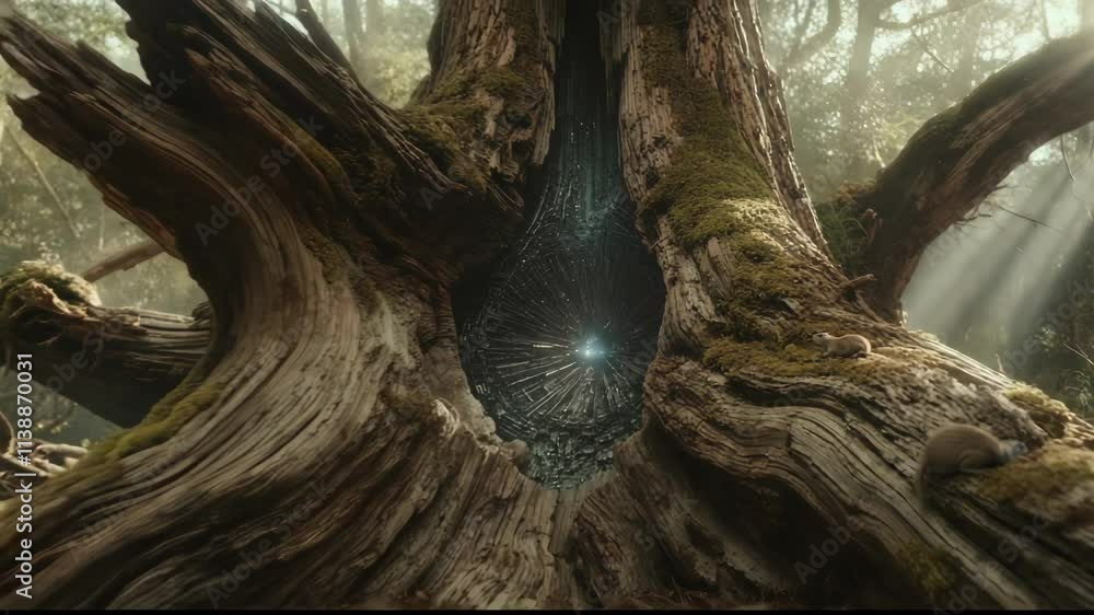 Poster mysterious forest reveals a glowing ancient tree trunk, with light rays filtering through the dense 