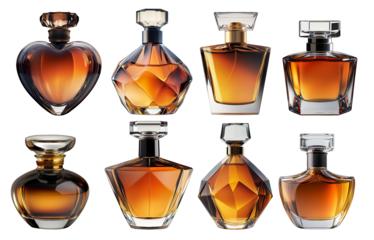 Set collection of simple and extravagant glass perfume bottle in dark tinted transparent design with golden yellow fluid. FIlled fragrance as mock up with copy space design pattern.