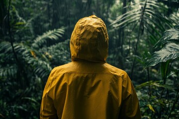 Rain-soaked yellow coat, lush green foliage.