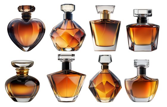 Set collection of simple and extravagant glass perfume bottle in dark tinted transparent design with golden yellow fluid. FIlled fragrance as mock up with copy space design pattern.