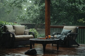 Fototapeta premium Rainy patio furniture, drinks, wet deck.