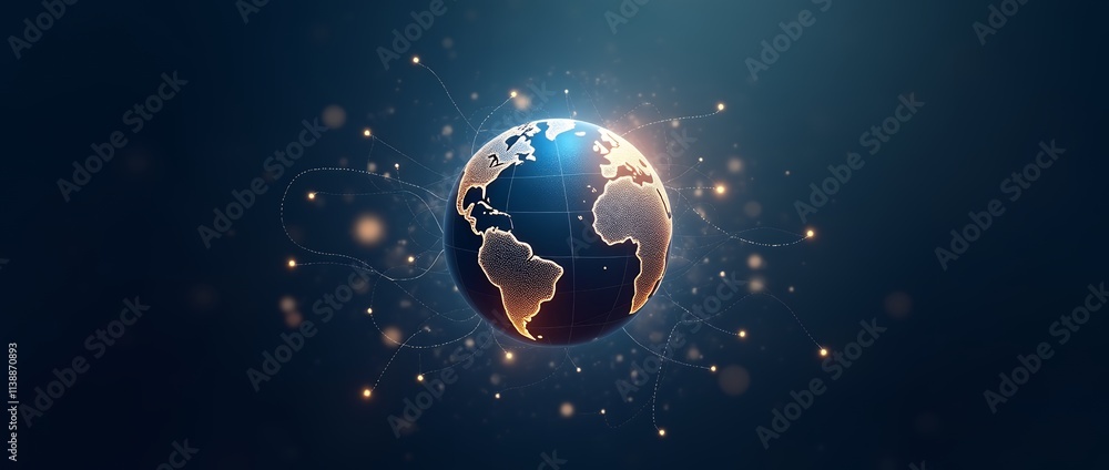 Poster a professional poster featuring a glowing globe at the center with connecting lines representing glo