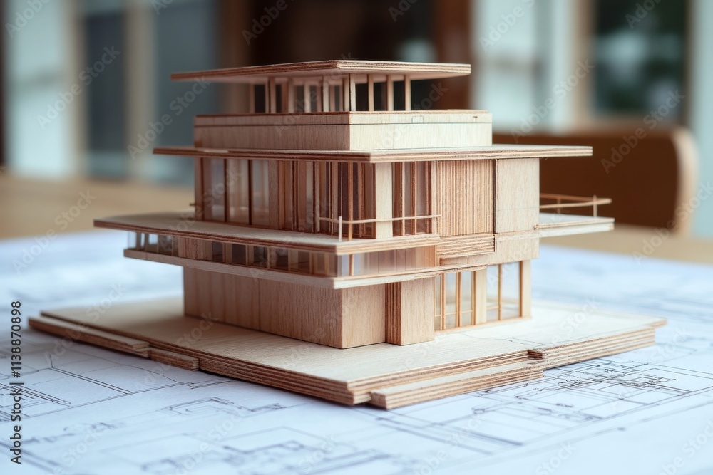 Poster intricate architectural model with wooden accents on blueprints showcasing unique design elements