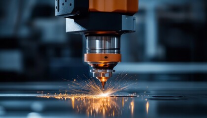 Close up of an industrial grinder creating sparks on metal in a dark workshop with laser effects