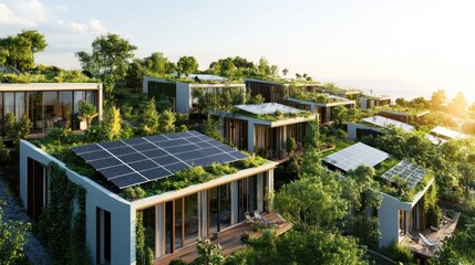 Eco-friendly housing complex with solar panels and green roofs. (1)