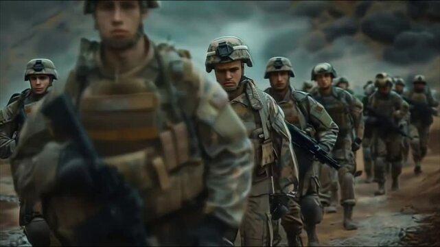 Slow camera movement along a platoon of soldiers walking in a gloomy atmosphere in full marching uniform