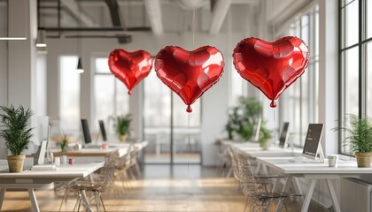Vibrant red heart shaped foil balloons adorning a bright open plan office with plants and windows