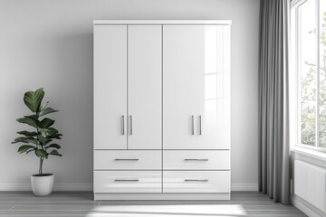 Modern white four-door wardrobe with four drawers in bright room.