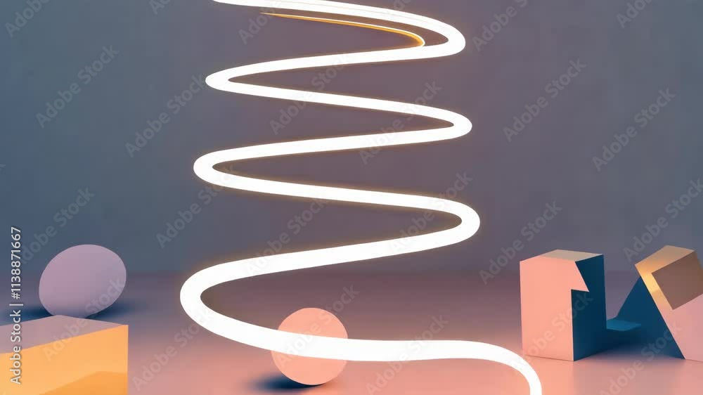 Poster neon light falls and creates a spiral shape on the floor, showcasing an abstract animation with geom