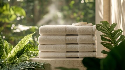 A cozy indoor shelf with neatly stacked towels and green plants in soft natural light