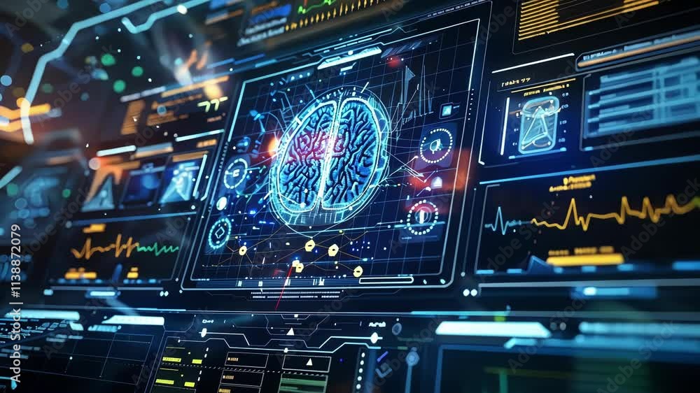 Poster complex technological interface displaying a holographic brain, surrounded by various data streams a