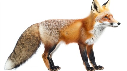 Fototapeta premium Alert red fox standing isolated on white background.