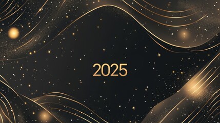 A minimal New Year design featuring abstract curved lines and circles in muted gold and silver tones, with a small, modern 2025 centered at the bottom, surrounded by tiny glowing stars