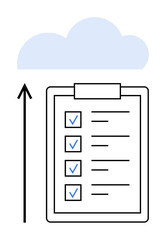Clipboard with checklist upward arrow pointing to cloud. Ideal for productivity, efficiency, organization, technology, cloud integration, data management, task tracking. Line metaphor
