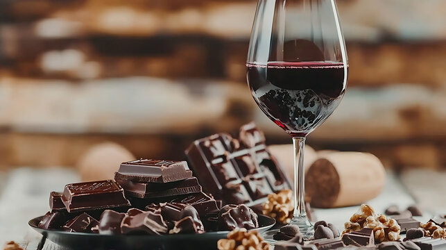 glass of red wine paired with dark chocolate and walnuts creates rich, indulgent experience