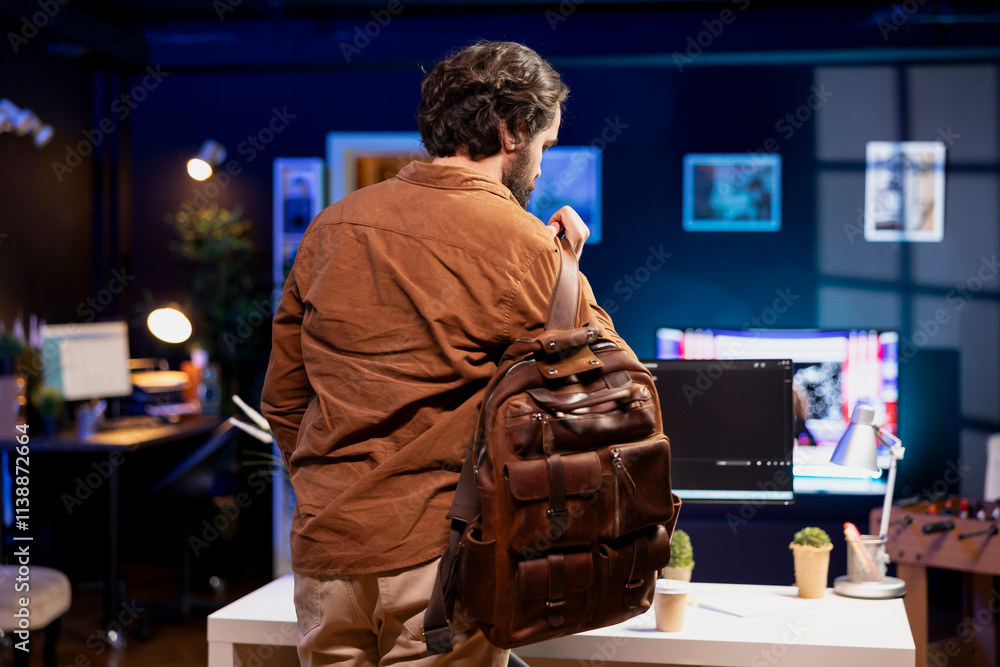 Poster computer scientist arriving in office, ready to design and develop software applications. it profess