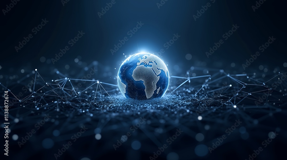 Poster a professional poster featuring a glowing globe representing global outreach with connecting lines f