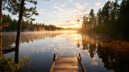 Obraz premium serene lake at sunrise with mist rising, surrounded by trees and wooden dock