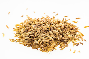 Foeniculum vulgare - Pile of dried organic fennel seeds.