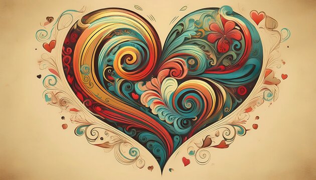 Swirling sweet heart design featuring colorful groovy font and floral accents in a vibrant composition. Generative AI
