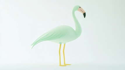 Fototapeta premium A 3D stylized cartoon of a flamingo in mint green and light yellow tones, hyper smooth features, polished and clean rendering, minimalist cartoon design, perfectly clear and vibrant against a pure whi