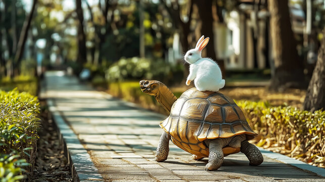 Side view of green tortoise running with white rabbit on back, park setting