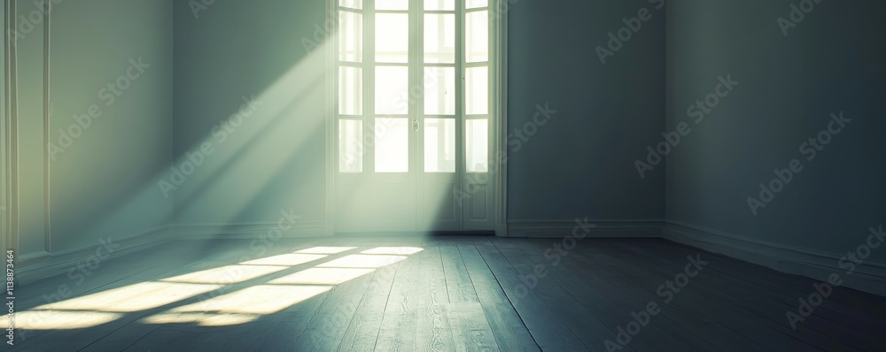 Poster empty interior with light coming through the window. architectural background with copy-space.